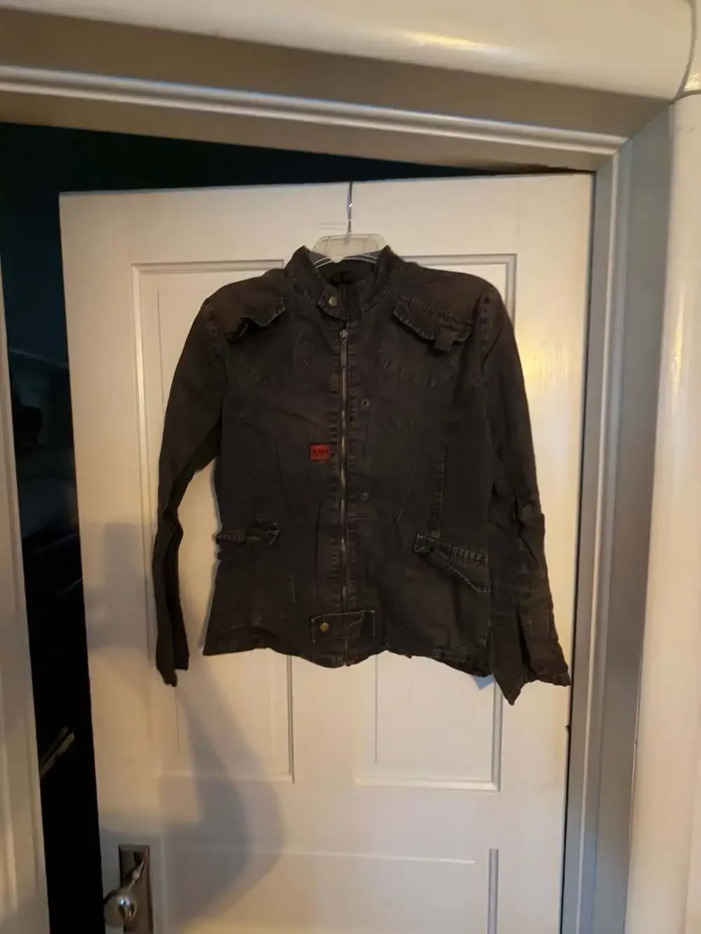 ILIDA Dark Gray Cotton Military Style Jacket with Back Print and Multi-Pocket De